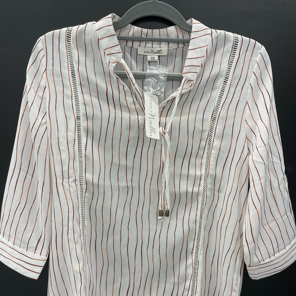 Brand New Simply Noelle Sheer Shirt Tan & White Stripes